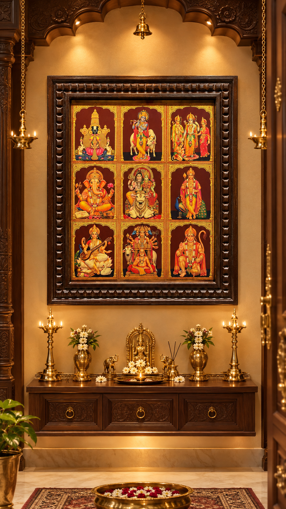 9 Gods in One Frame Gold Leaf Art, Engineered Wooden Pooja Frame | Made by Estudio