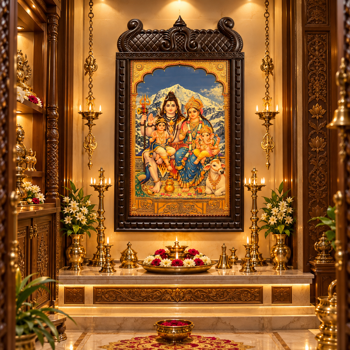 Shiva Parivar Premium Gold Leaf Art | Engineered Waterproof Wooden Temple Frame | Made by Estudio