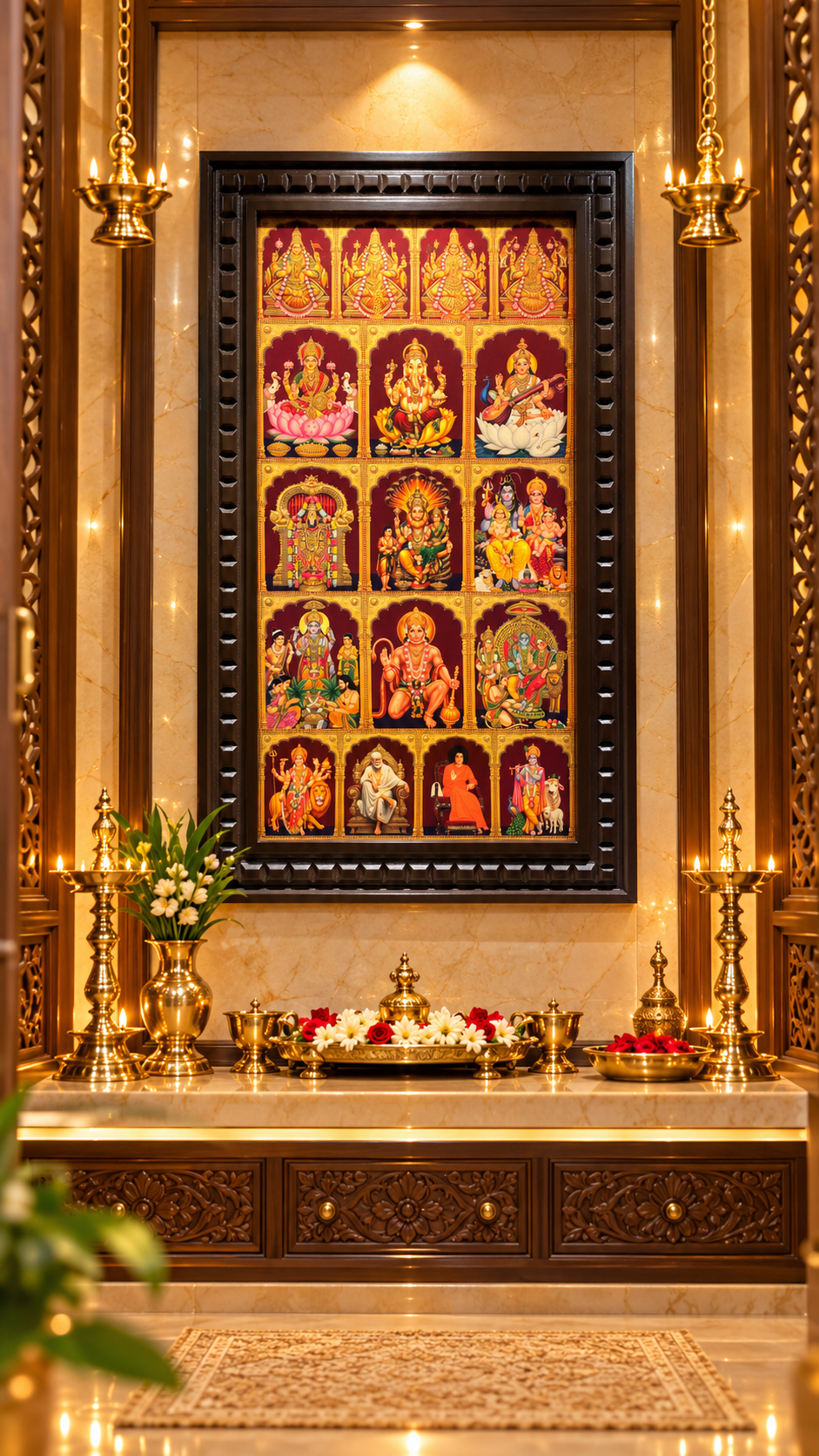 13 Gods in One Frame Gold Leaf Art with 4 Forms of Lakshmi | Engineered Wooden Frame | Estudio