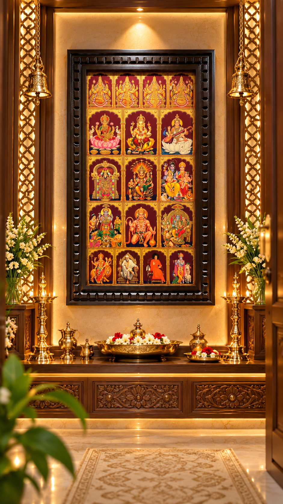 13 Gods in One Frame Gold Leaf Art with 4 Forms of Lakshmi | Engineered Wooden Frame | Estudio