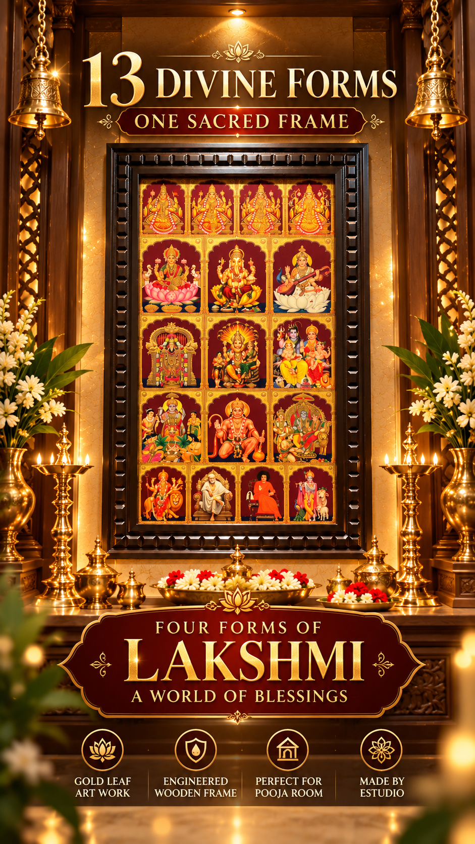 13 Gods in One Frame Gold Leaf Art with 4 Forms of Lakshmi | Engineered Wooden Frame | Estudio