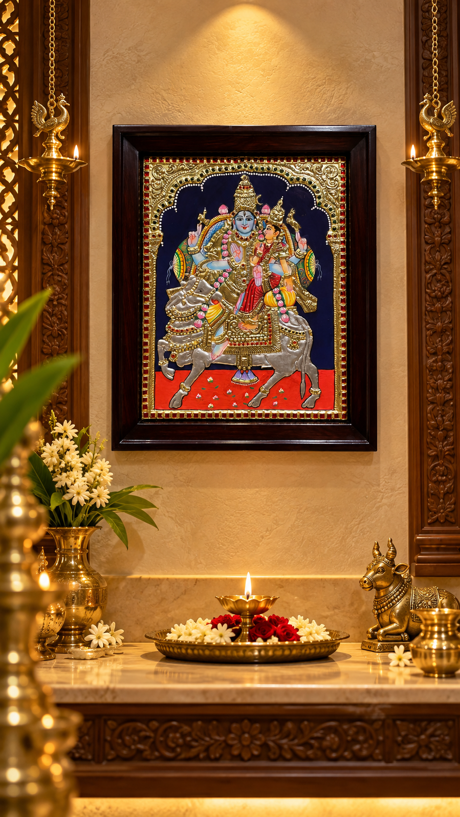 Pradosha Shiva Parvati Tanjore Painting | Rosewood Frame