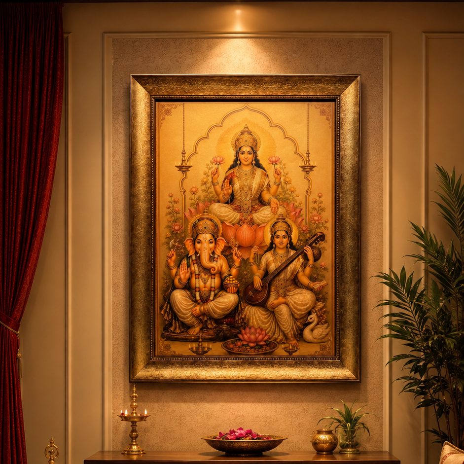 Ganesh Lakshmi Saraswati Gold Leaf Art with Luxury Resin Frame.