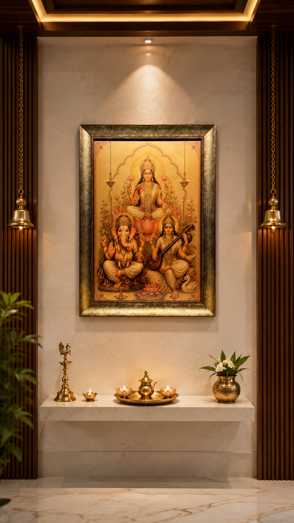 Ganesh Lakshmi Saraswati Gold Leaf Art with Luxury Resin Frame.