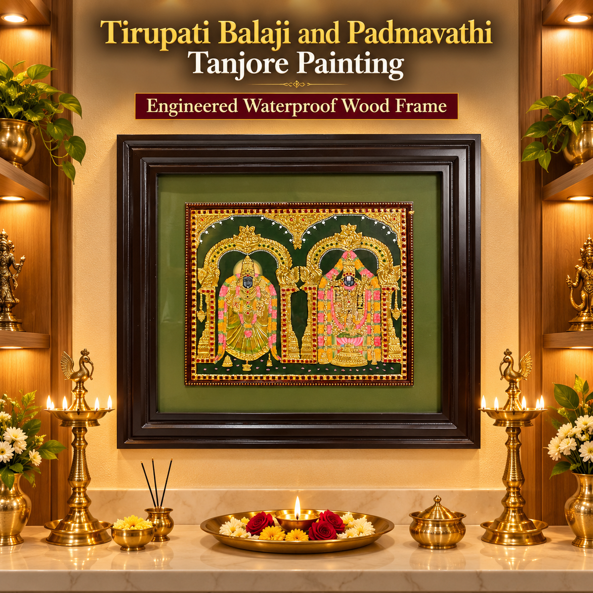 Tirupati Balaji & Padmavathi Tanjore Painting | Engineered Waterproof Wood Frame | Estudio