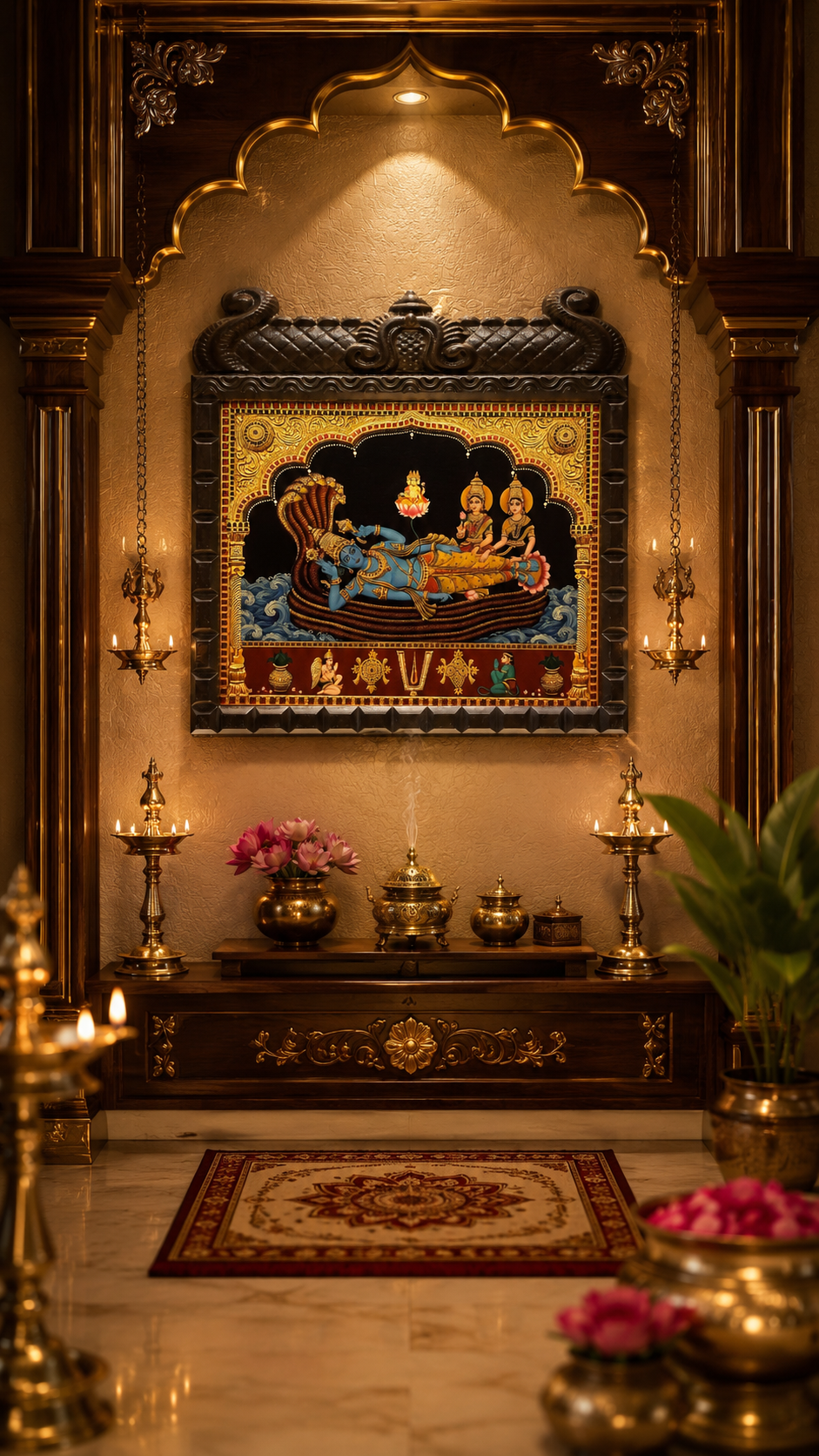 Anantha Shayana Gold Leaf Art | Lord Vishnu on Adishesha | Temple Style Engineered Wooden Frame