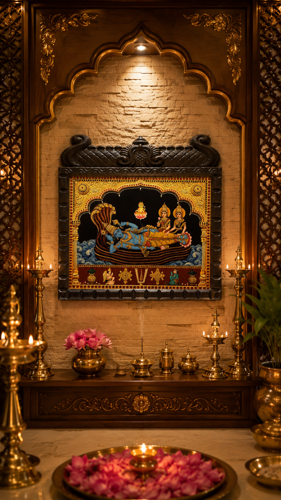 Anantha Shayana Gold Leaf Art | Lord Vishnu on Adishesha | Temple Style Engineered Wooden Frame