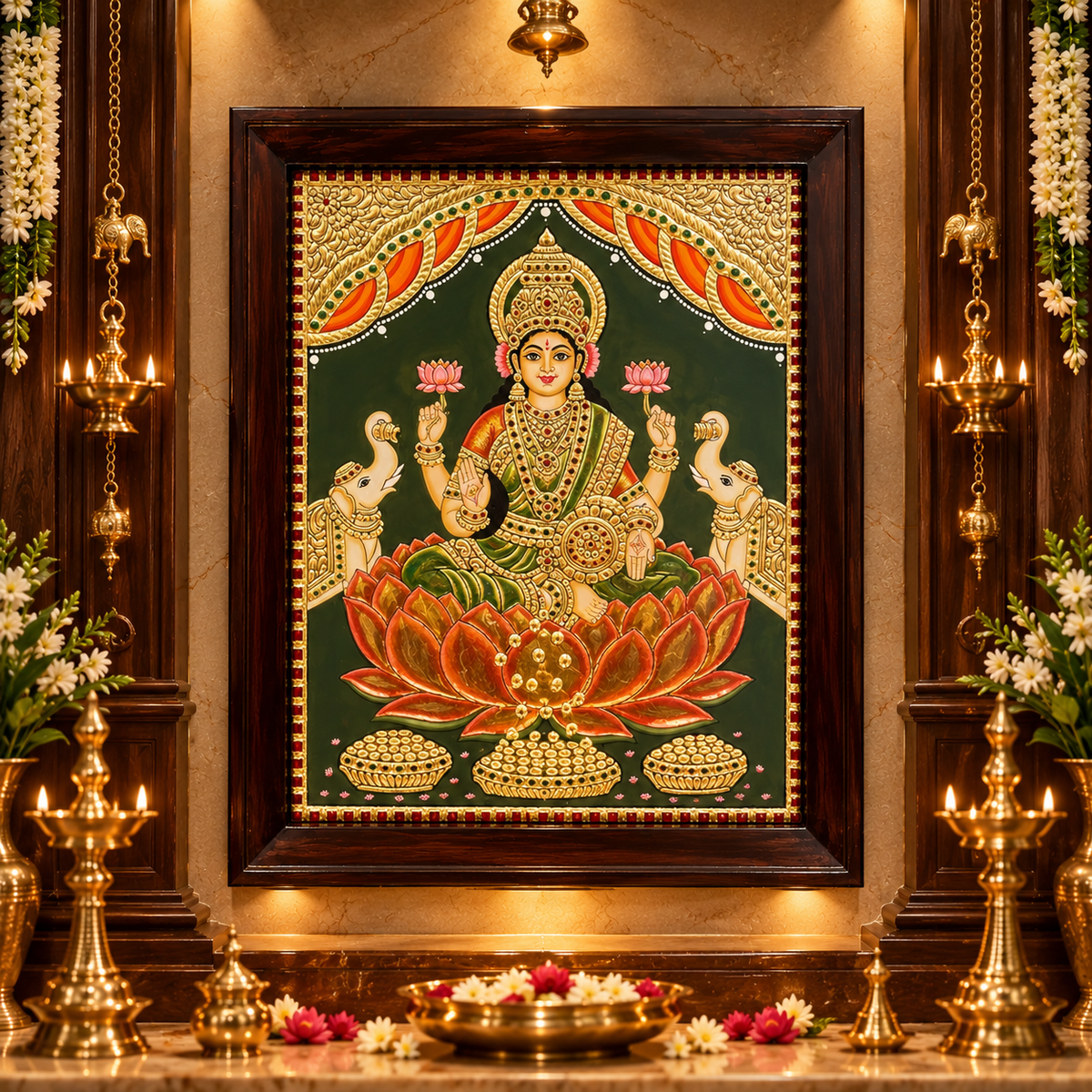 Mahalakshmi Tanjore Painting | Gold Leaf Art with Premium Rosewood Frame | ESTUDIO
