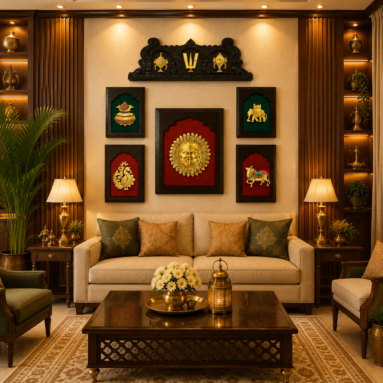 Brass Wall 5 Art Set – Sun, Kalash, Elephant, Kamadhenu & Peacock | Premium Wooden Frame | Estudio
