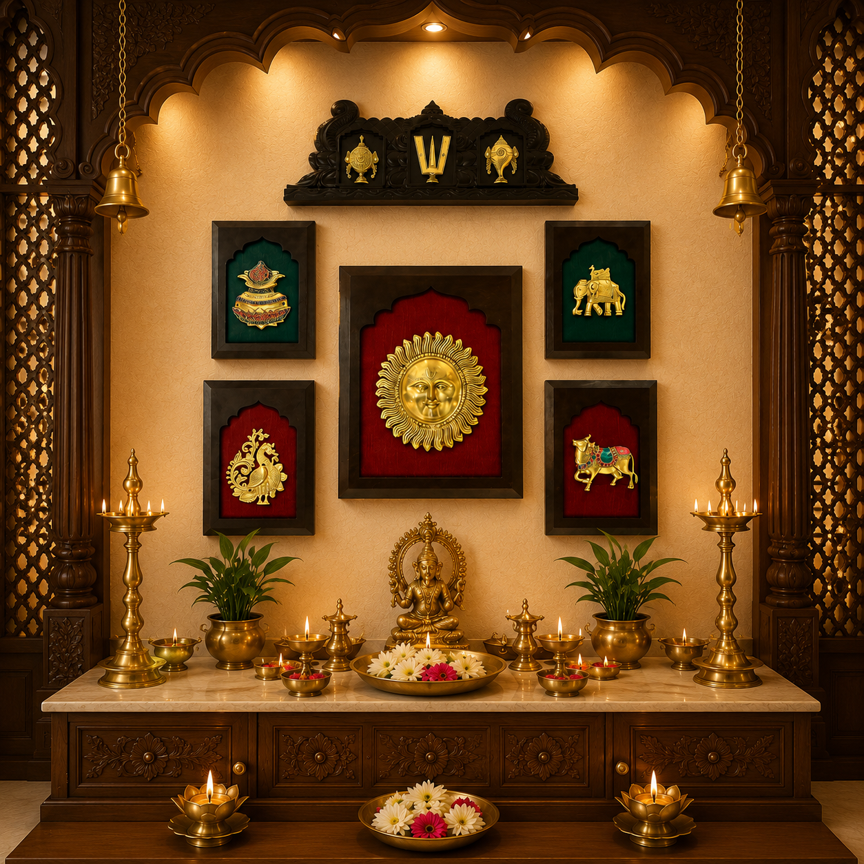 Brass Wall 5 Art Set – Sun, Kalash, Elephant, Kamadhenu & Peacock | Premium Wooden Frame | Estudio