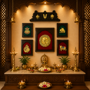 Brass Wall 5 Art Set – Sun, Kalash, Elephant, Kamadhenu & Peacock | Premium Wooden Frame | Estudio