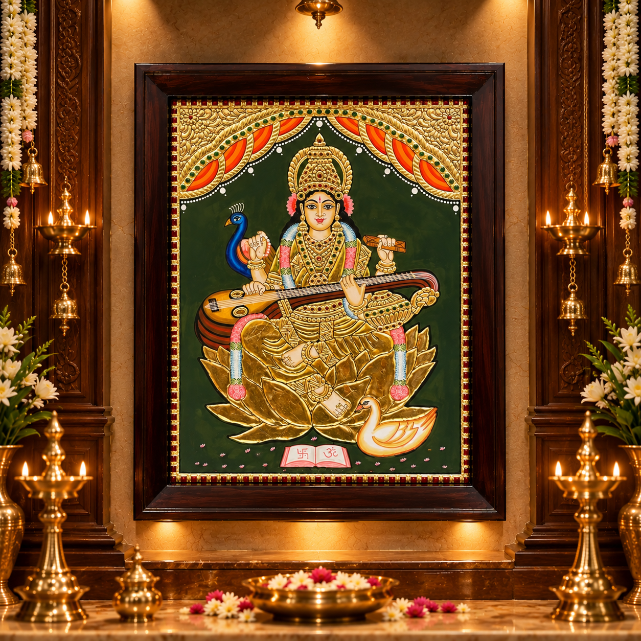 Saraswati Tanjore Painting | Gold Leaf Art with Premium Rosewood Frame