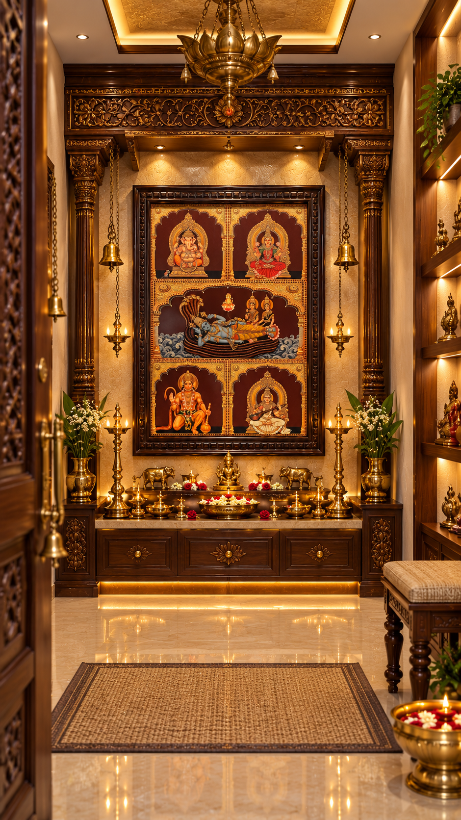 5 God In One Frame Gold Leaf Art | Luxury Pooja Room Wall Art