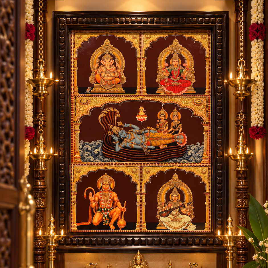 5 God In One Frame Gold Leaf Art | Luxury Pooja Room Wall Art