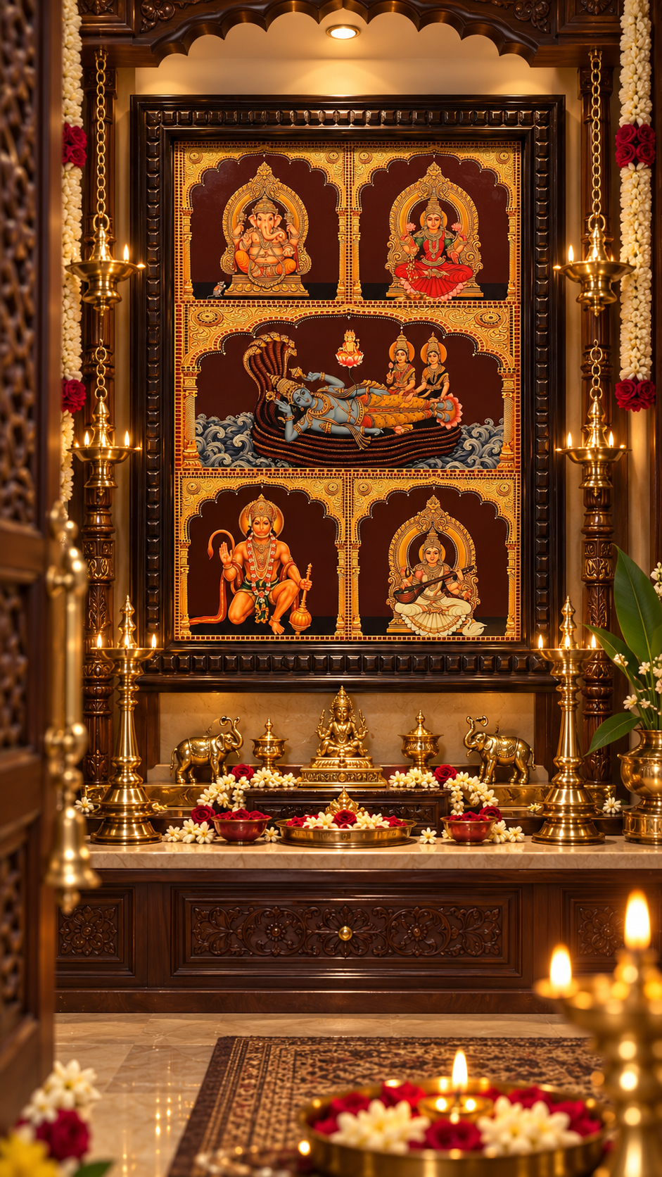 5 God In One Frame Gold Leaf Art | Luxury Pooja Room Wall Art