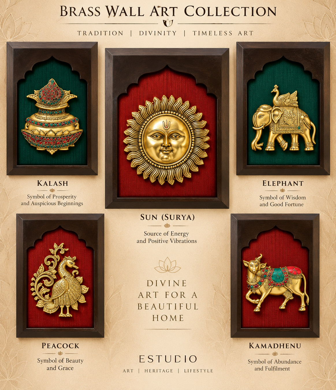 Brass Wall 5 Art Set – Sun, Kalash, Elephant, Kamadhenu & Peacock | Premium Wooden Frame | Estudio