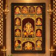 12 Forms of Ganesha Gold Leaf Art | Premium Engineered Wooden Frame | ESTUDIO