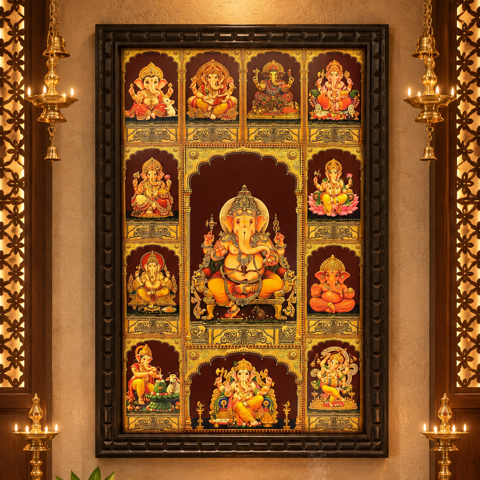 12 Forms of Ganesha Gold Leaf Art | Premium Engineered Wooden Frame | ESTUDIO