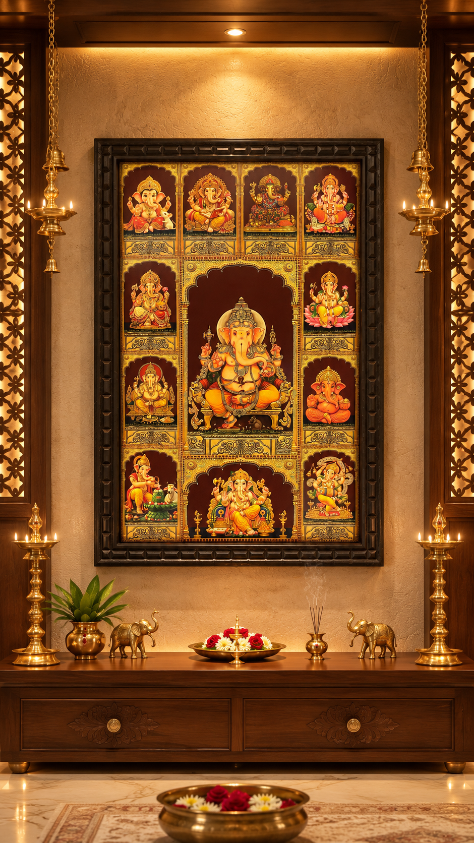 12 Forms of Ganesha Gold Leaf Art | Premium Engineered Wooden Frame | ESTUDIO