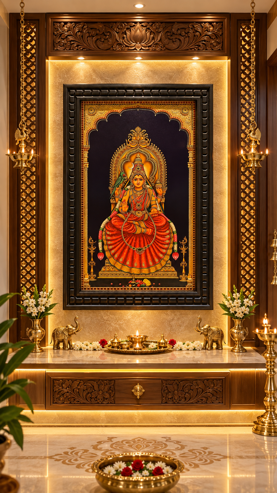 Sringeri Sharadamba Tanjore Painting | Gold Leaf Art in Engineered Wooden Frame | ESTUDIO