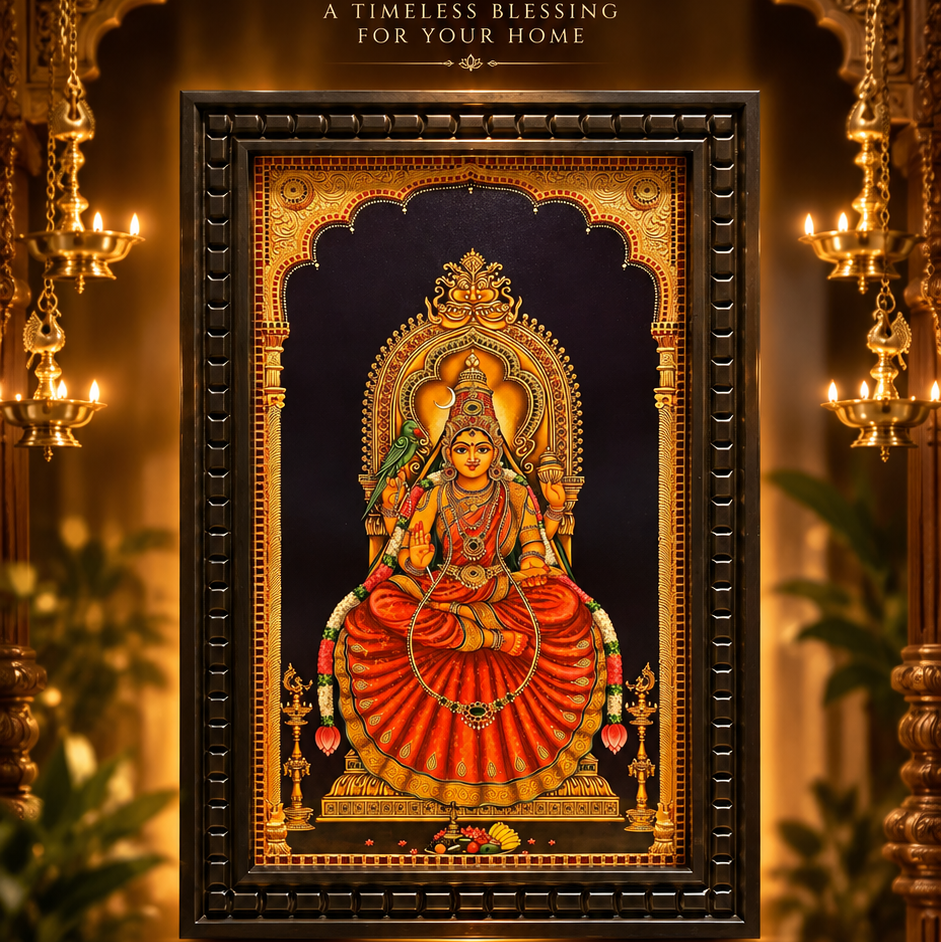 Sringeri Sharadamba Tanjore Painting | Gold Leaf Art in Engineered Wooden Frame | ESTUDIO