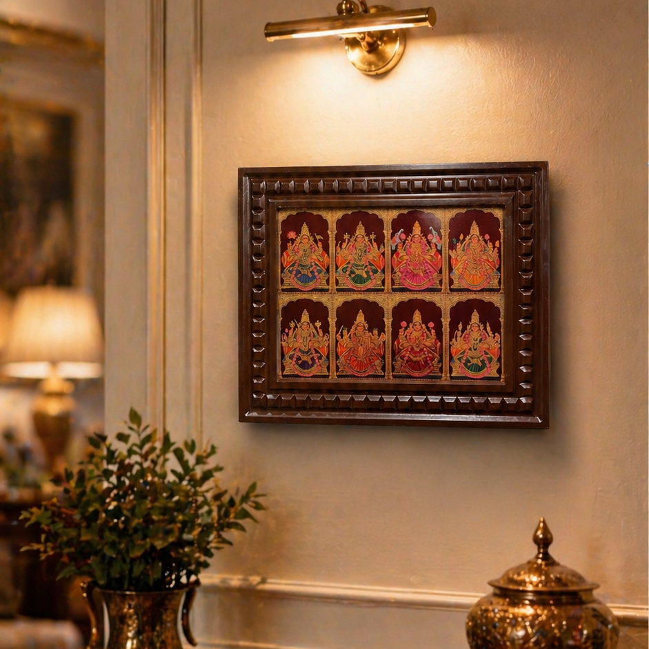 Ashtalakshmi Gold Leaf Wall Art | Premium Wooden Frame Hindu Decor | Luxury Traditional Home & Pooja Room Frame.