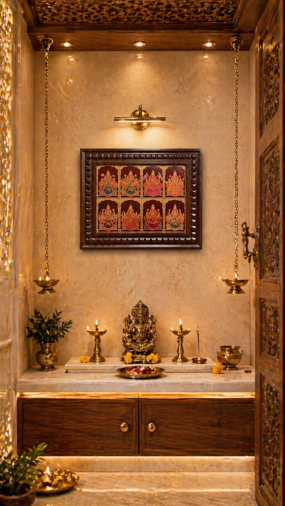 Ashtalakshmi Gold Leaf Wall Art | Premium Wooden Frame Hindu Decor | Luxury Traditional Home & Pooja Room Frame.