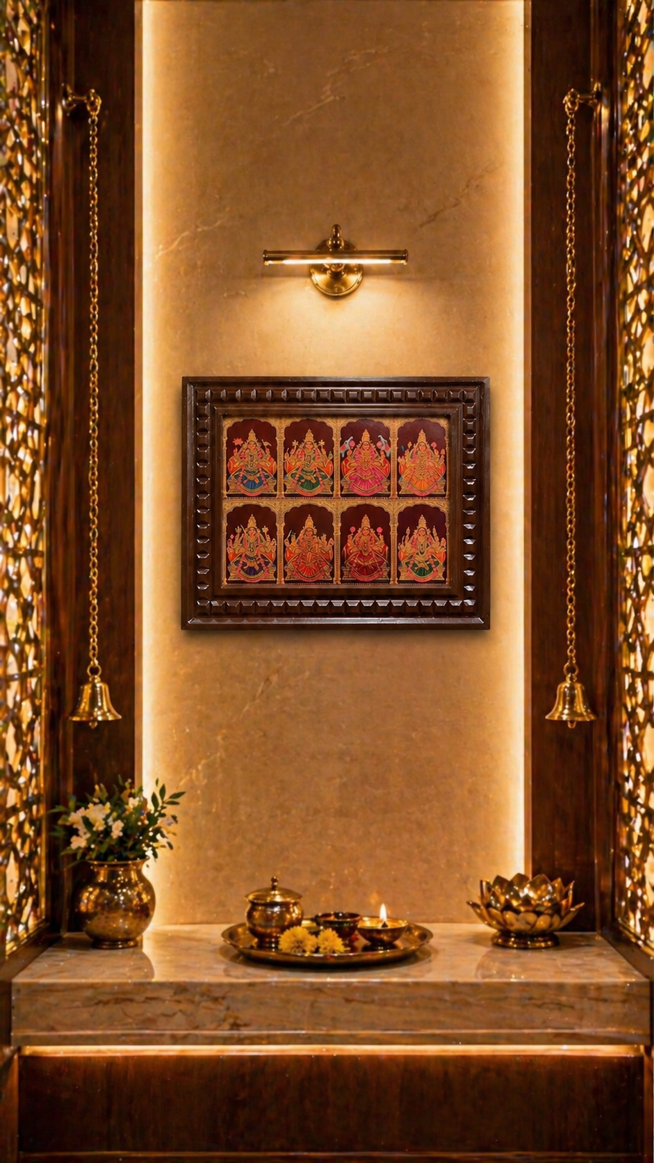 Ashtalakshmi Gold Leaf Wall Art | Premium Wooden Frame Hindu Decor | Luxury Traditional Home & Pooja Room Frame.