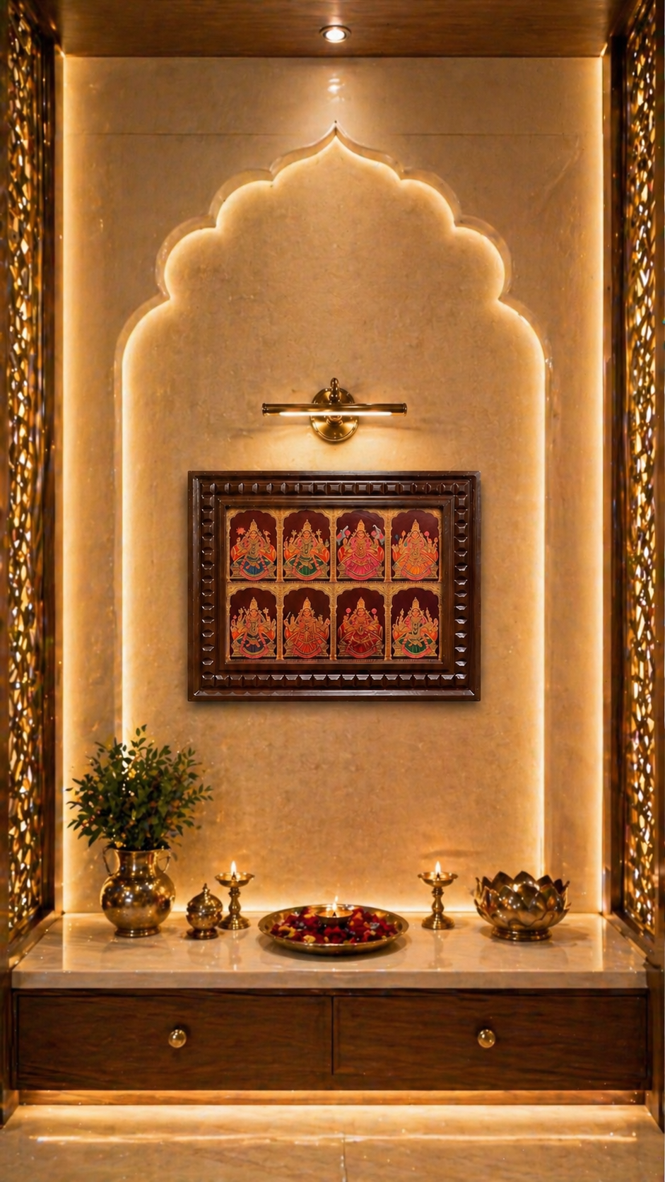 Ashtalakshmi Gold Leaf Wall Art | Premium Wooden Frame Hindu Decor | Luxury Traditional Home & Pooja Room Frame.