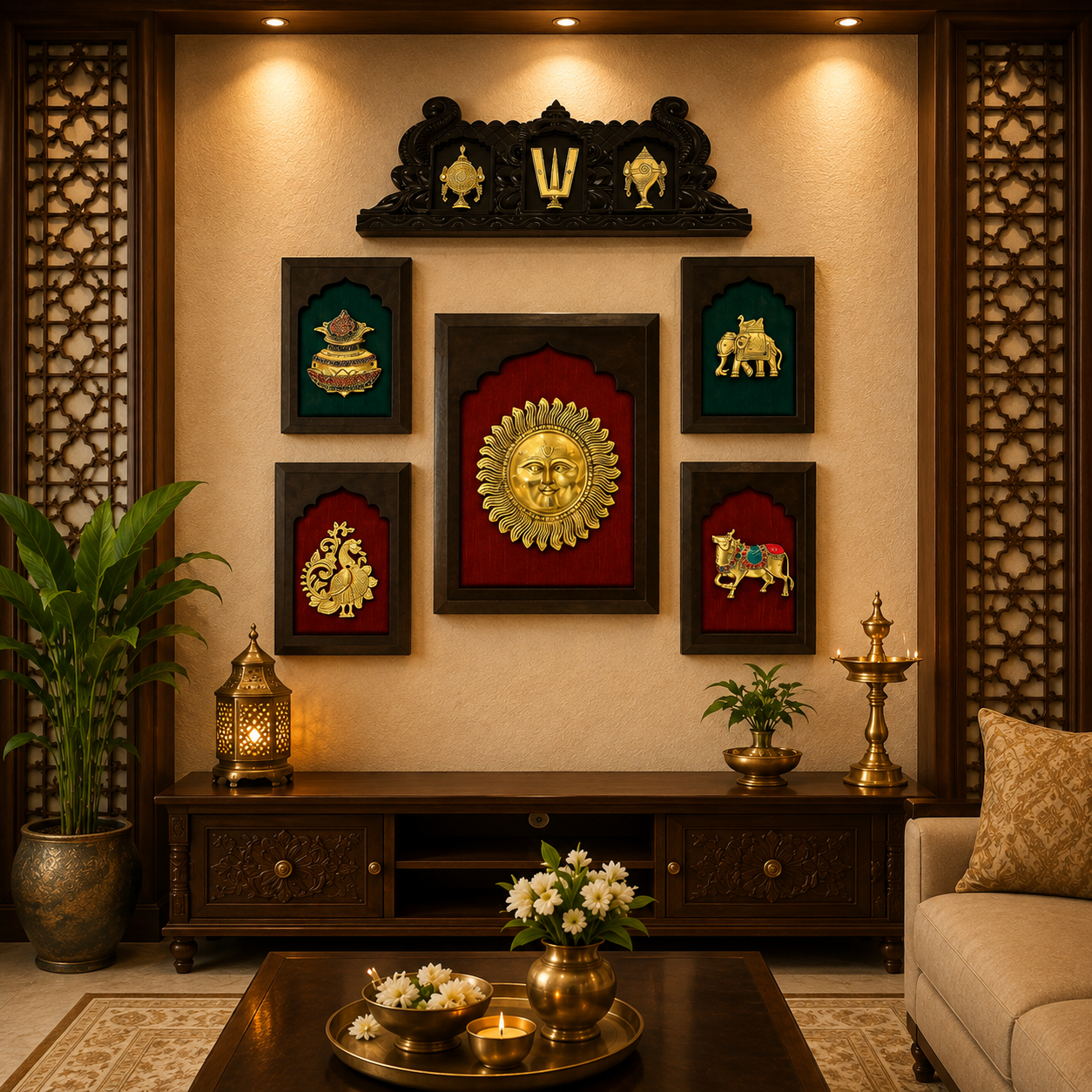 Brass Wall 5 Art Set – Sun, Kalash, Elephant, Kamadhenu & Peacock | Premium Wooden Frame | Estudio