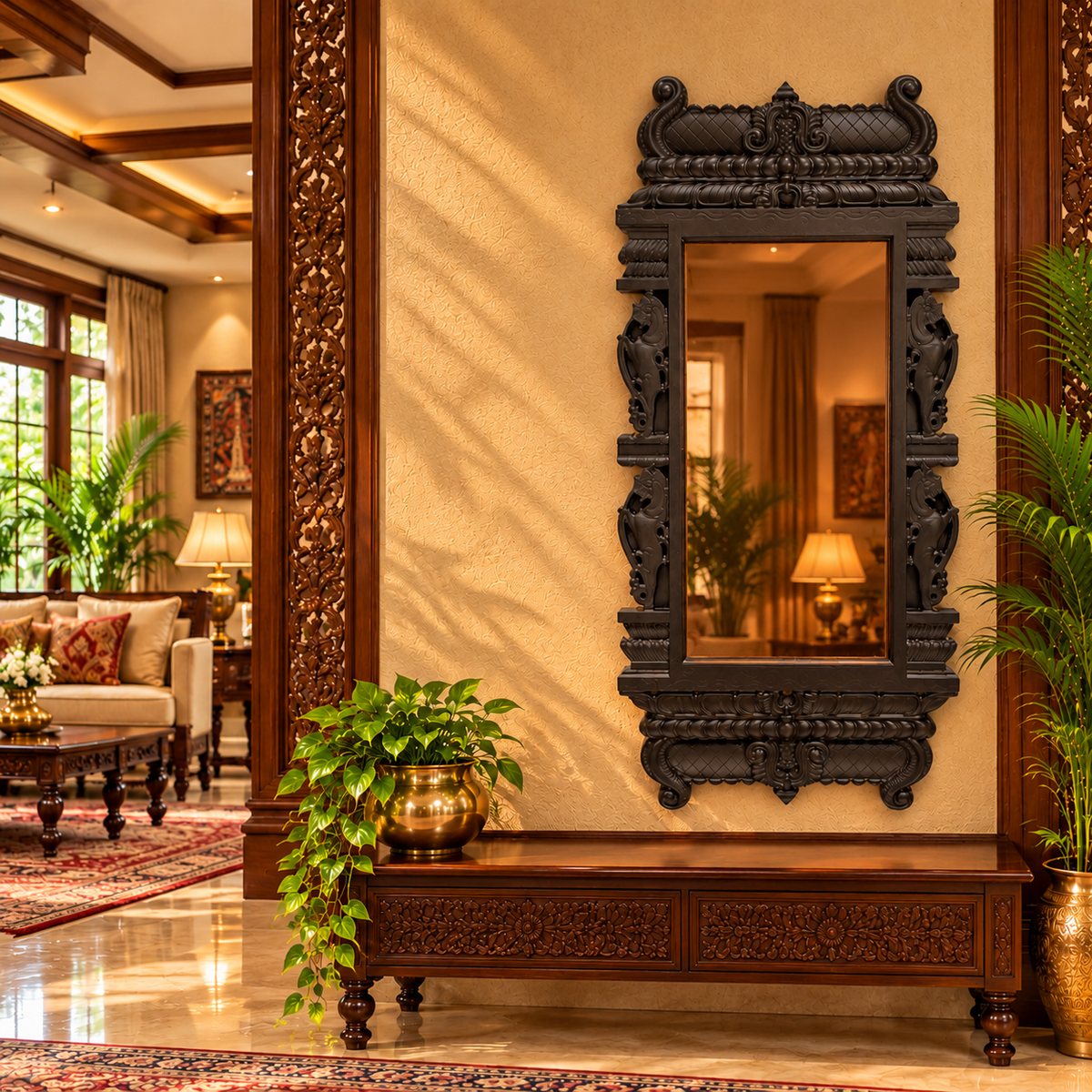 Copper Acrylic Mirror with Yali-Inspired Temple Frame | Traditional Wall Mirror in Waterproof Engineered Wood | ESTUDIO