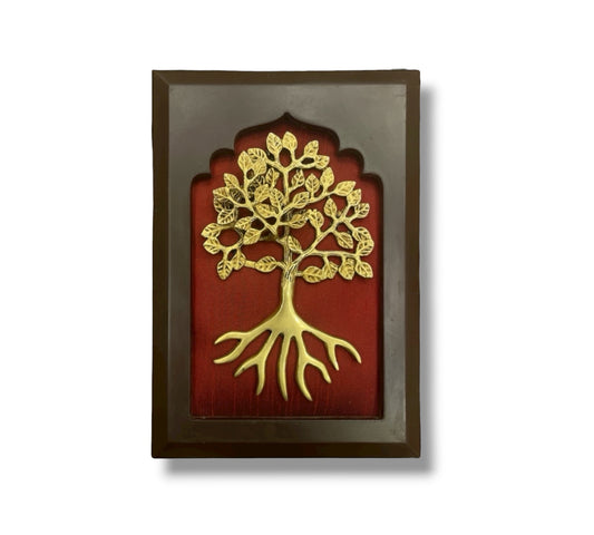 Brass tree of life with wine red in wooden frame