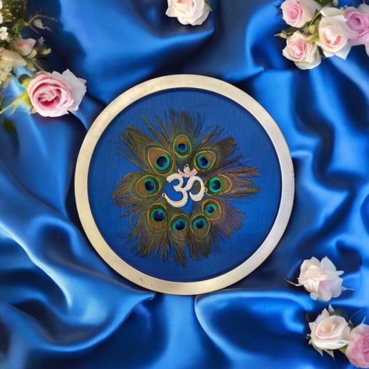 Silver Om with stone on Blue Silk in silver circular frame with Certificate