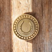 Good Luck Horse Shoe Natural with beige silk backdrop carved circular Golden frame