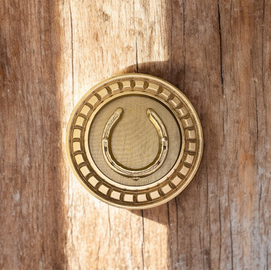 Good Luck Horse Shoe Natural with beige silk backdrop carved circular Golden frame