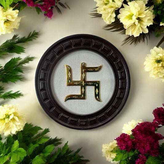 Swastik  Symbol with off white silk backdrop carved circular wooden frame