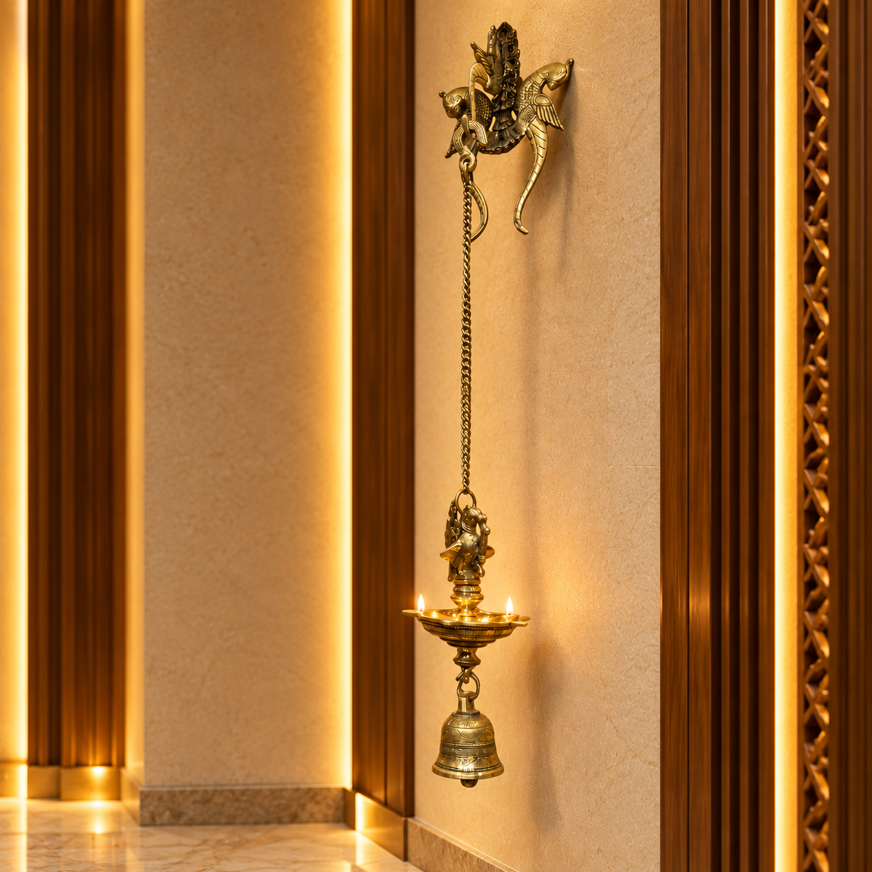 Brass Asthalakshmi 9 Frame Wall Art with Diya Bell Pair & Elephant Rosewood Stand | Estudio
