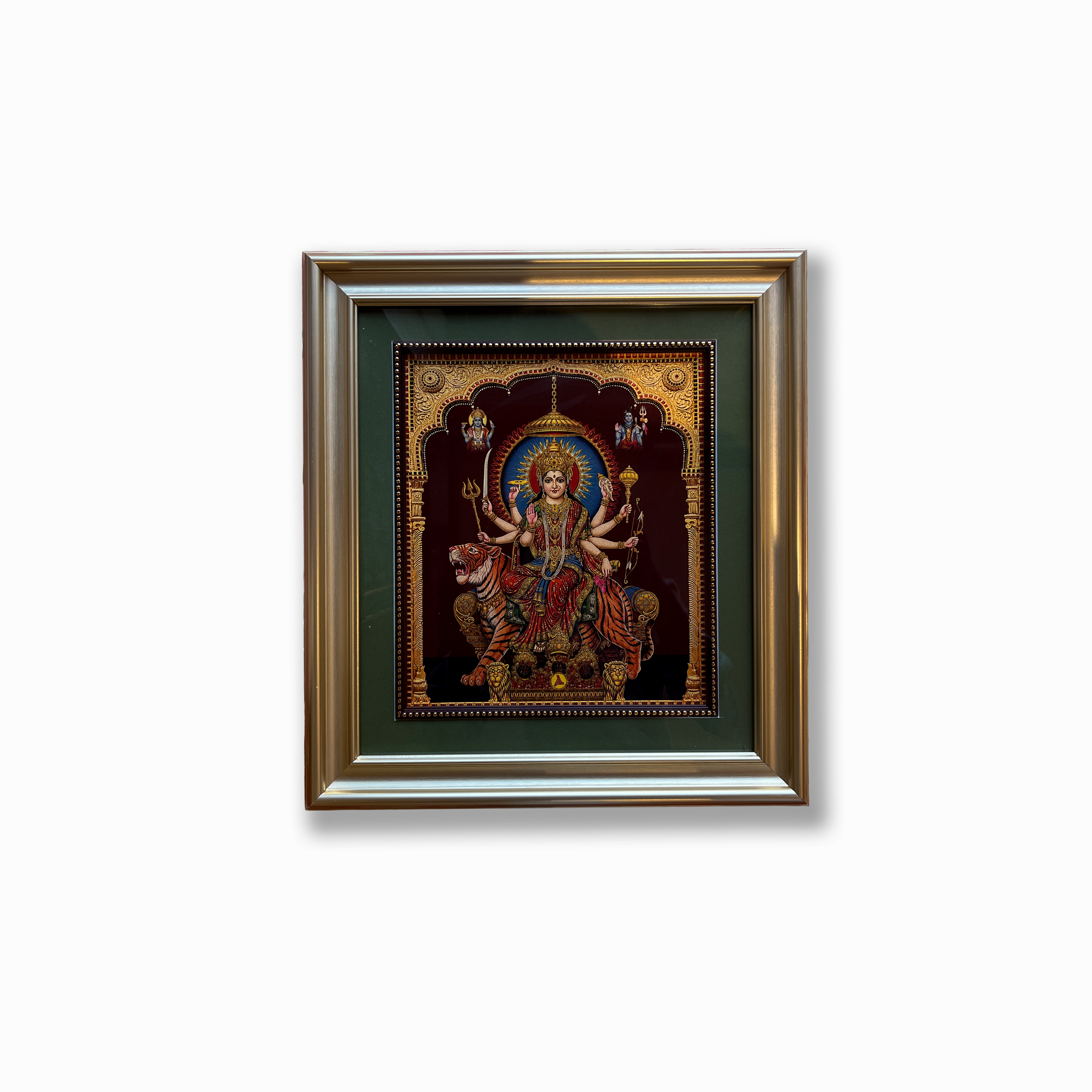 Durga Devi Gold Leaf Artwork | Luxury Gold Resin Frame with Green Mount & Inner Beading