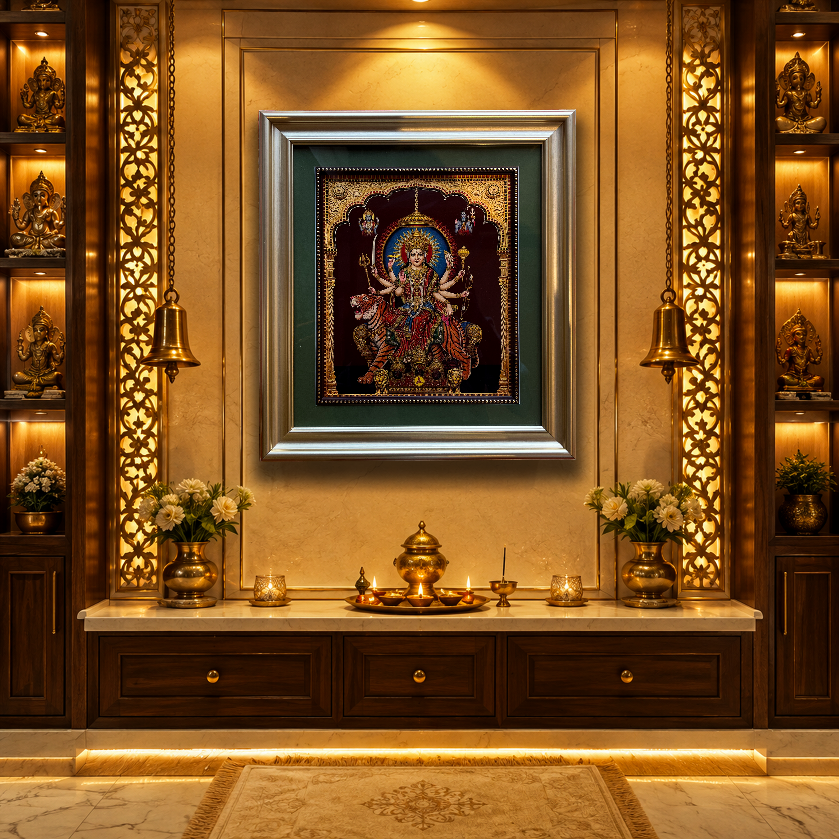 Durga Devi Gold Leaf Artwork | Luxury Gold Resin Frame with Green Mount & Inner Beading