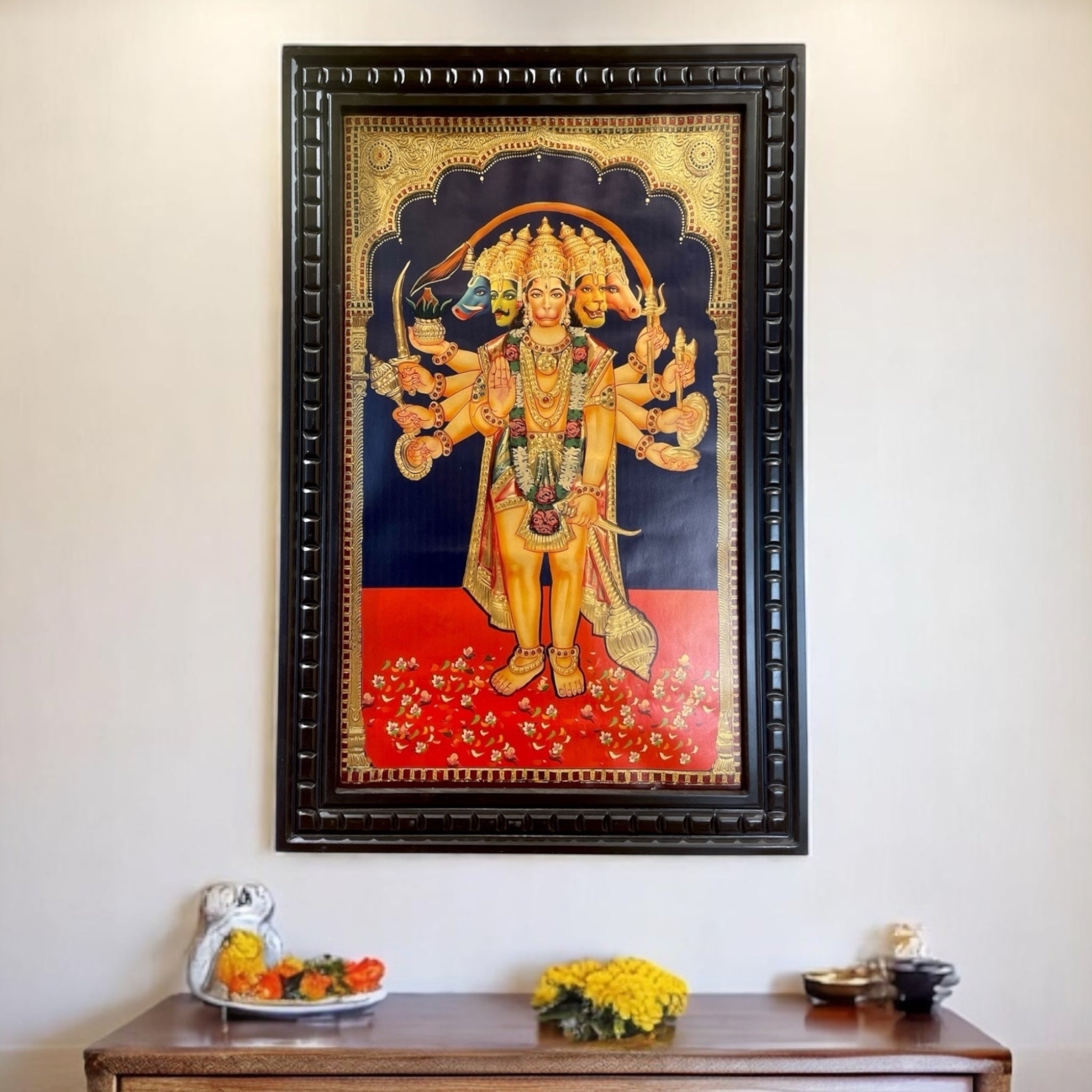 Standing Panchamukhi Hanuman Gold leafed artwork in wooden frame