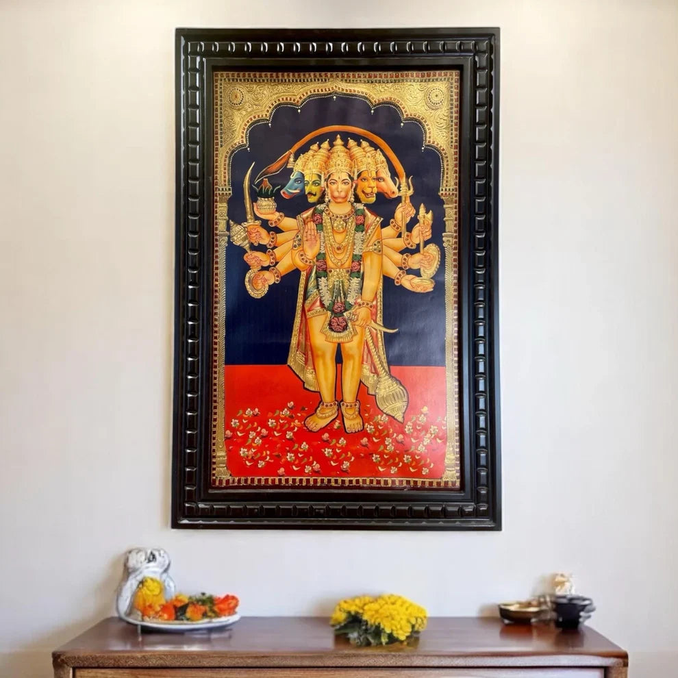 Standing Panchamukhi Hanuman Gold leafed artwork in wooden frame
