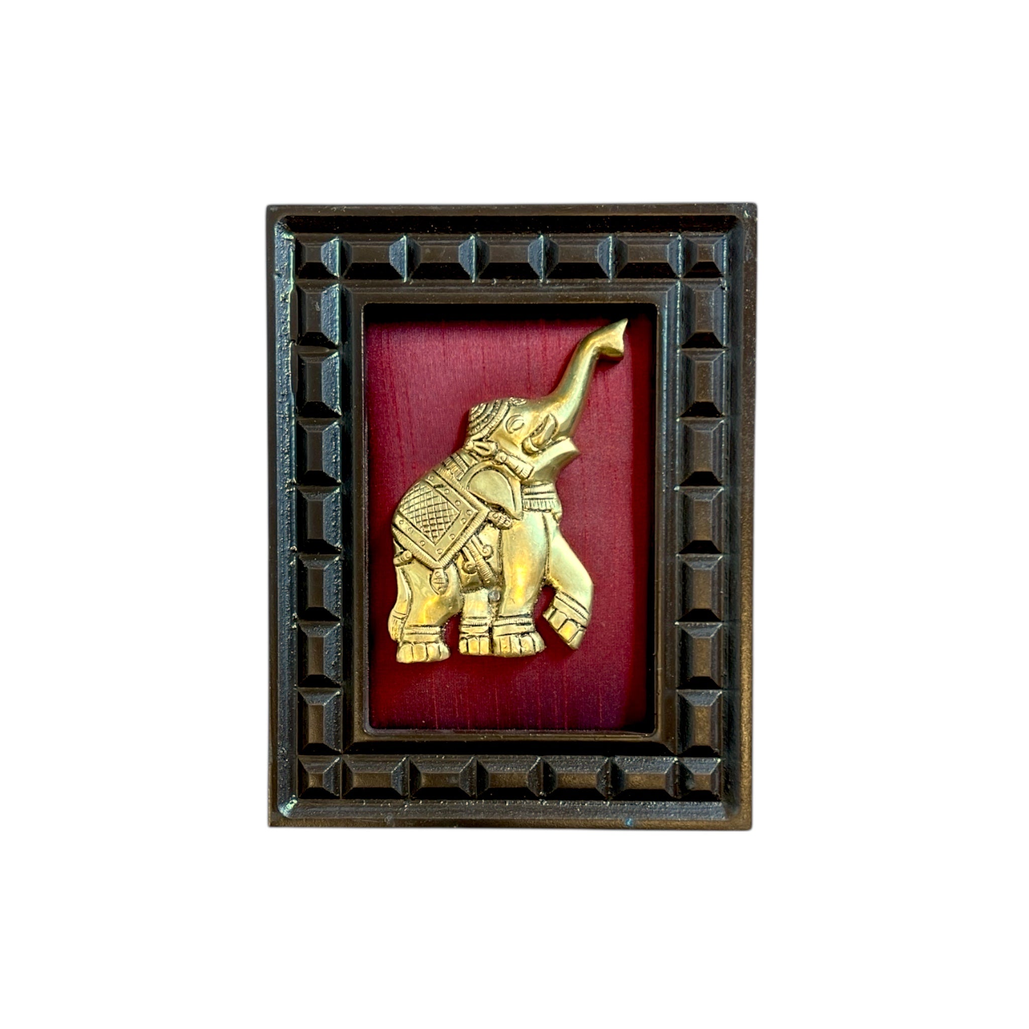 Brass Elephant on wine Red Silk in Wooden Frame