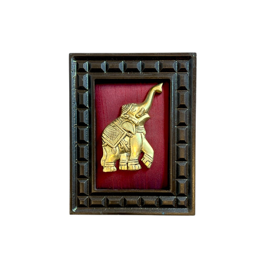 Brass Elephant on wine Red Silk in Wooden Frame