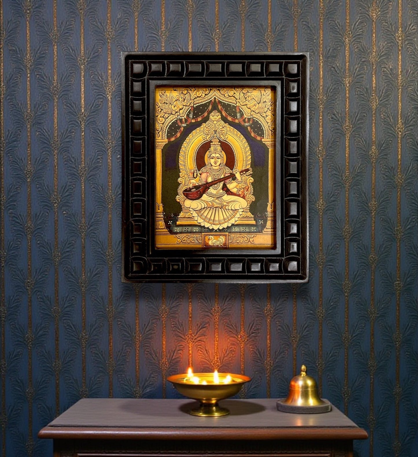 Goddess Saraswati Gold Leafed Art With Wooden Frame