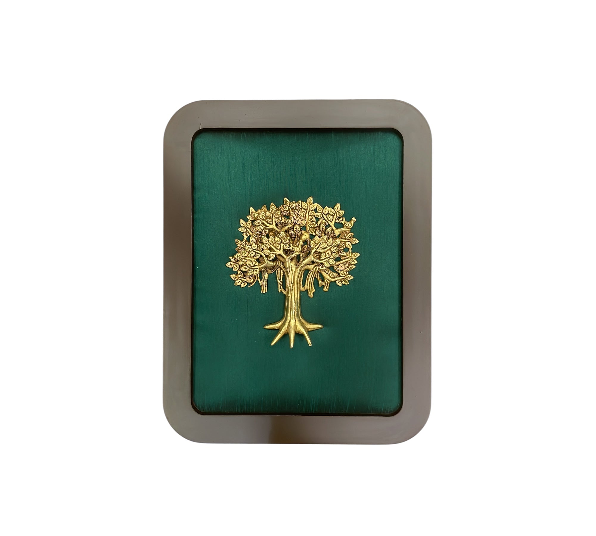 Brass Kalpavriksha with Green Silk in wooden frame
