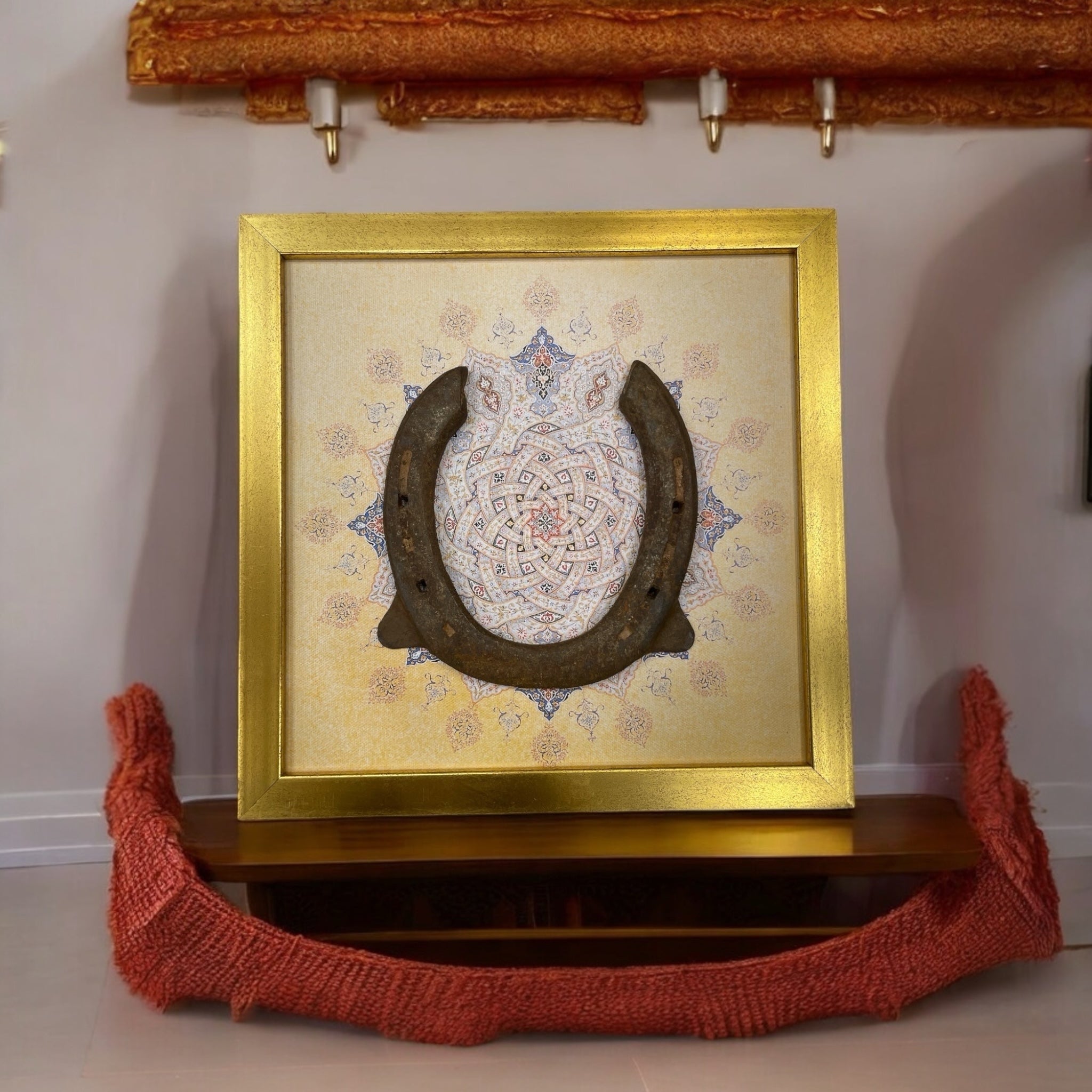 Good Luck Antique Horse shoe with Mandala Backdrop in Gold Frame