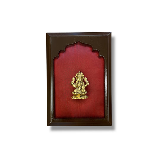 Brass Lakshmi Miniature Sculpture on Red Silk in Wooden Frame