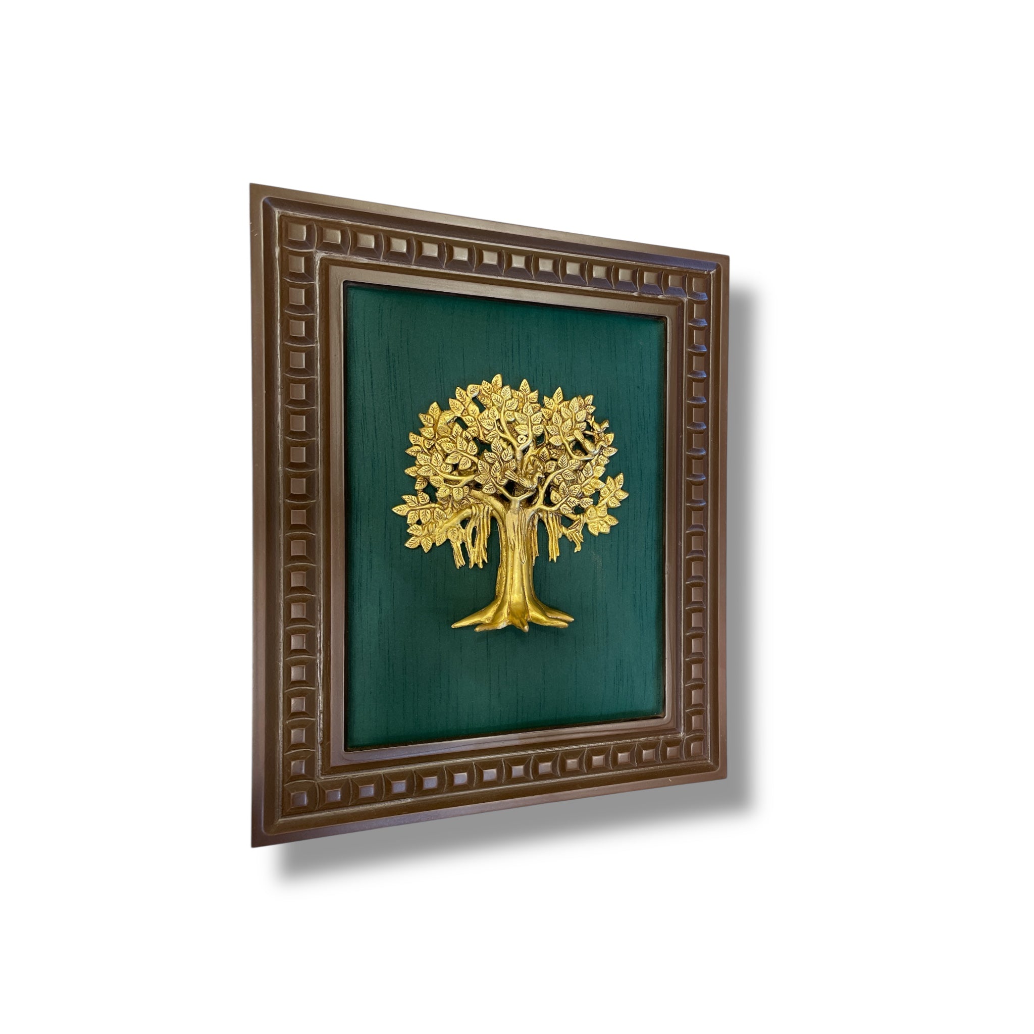 Brass Kalpavriksha Tree on Green Silk in Wooden Frame