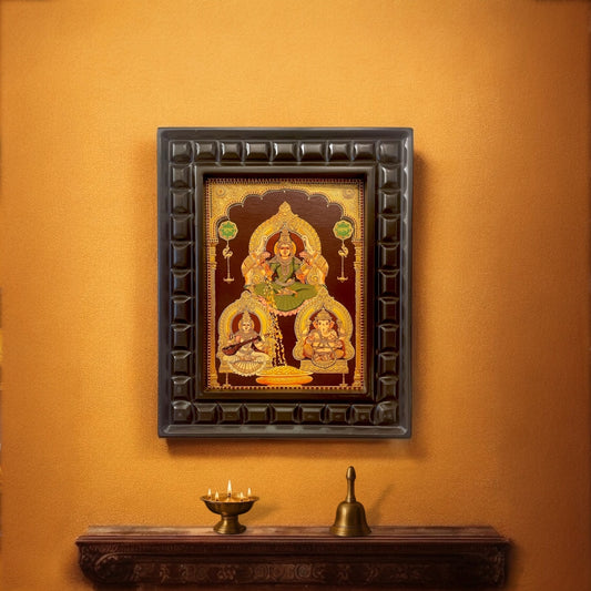 Lakshmi Ganesha Saraswati Gold foiled art in wooden frame