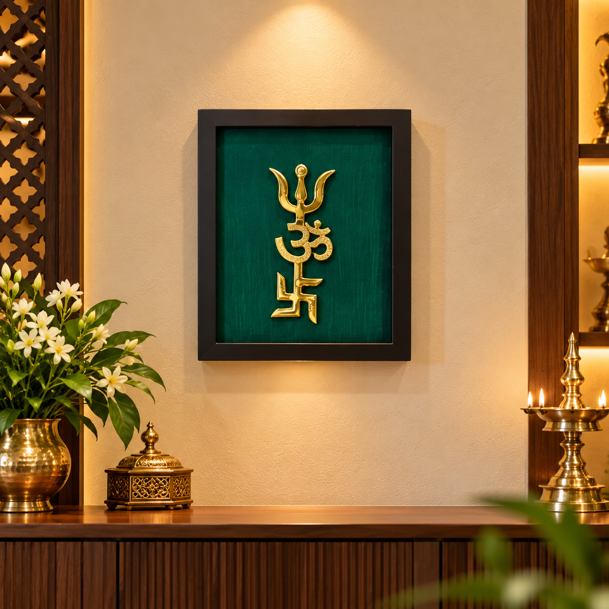 Pure Brass Om, Swastik & Trishool Wall Art | Premium Engineered Wooden Frame